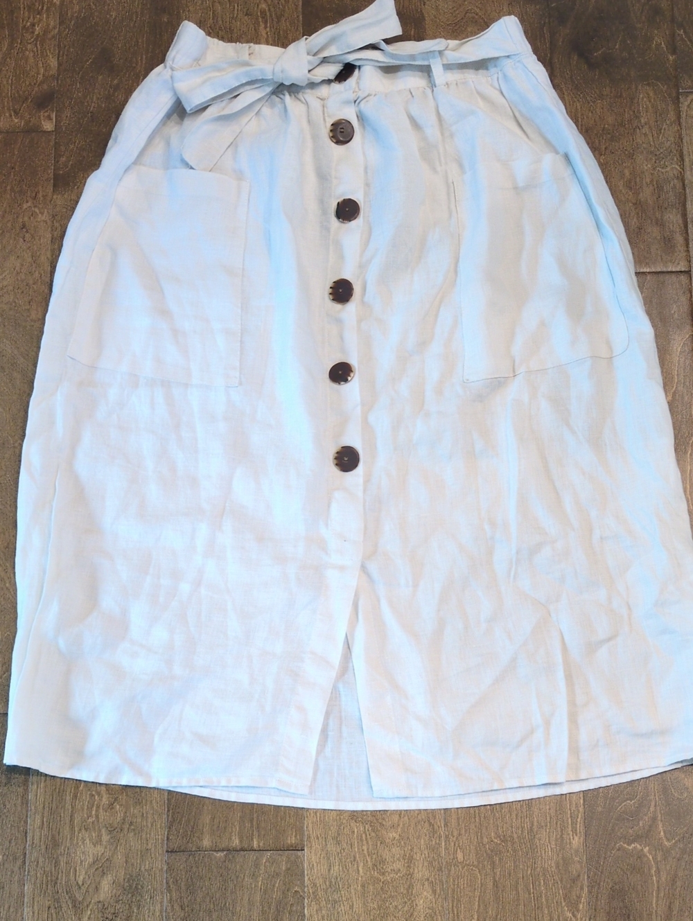 Linen Stone Button-Front Midi Skirt with Tie Waist By Marc New York, NWT Sz M